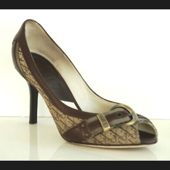 DIOR LIMITED EDITION Buckle Logo Print Canvas/Leather High Heels Peep Toe sz 38 - Picture 6 of 6